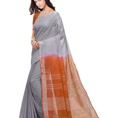 Grey & Mohangni Orange women's Bhagalpuri Handloom Linen Slub Blend Two Dye Saree With Running Unstitched Blouse Piece - View 2