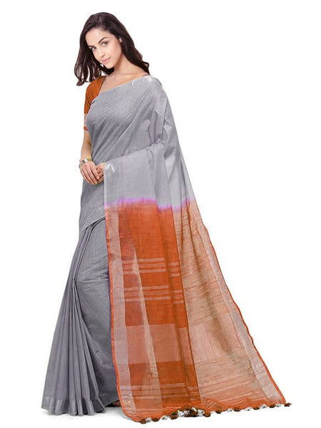 Grey & Mohangni Orange women's Bhagalpuri Handloom Linen Slub Blend Two Dye Saree With Running Unstitched Blouse Piece - View 2