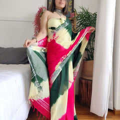 Bandhani Dye Linen Handloom Bhagalpuri Sibory Saree (Green-Creame-Pink)