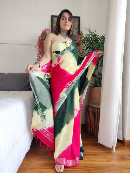 Bandhani Dye Linen Handloom Bhagalpuri Sibory Saree (Green-Creame-Pink)