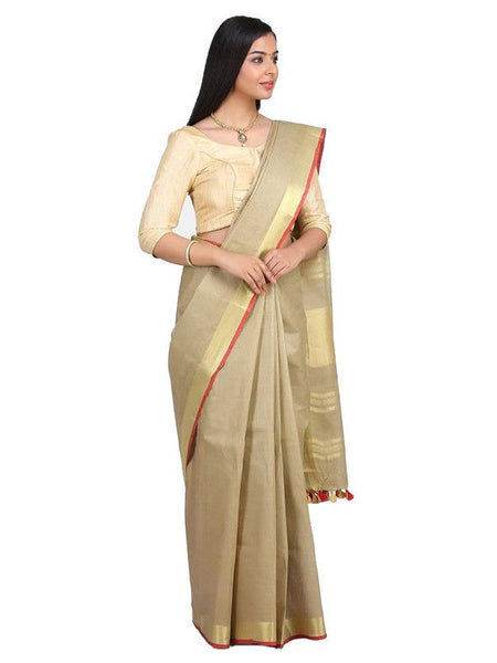 Linen Cotton Blend Contrast Handloom Bhagalpuri Saree for Women (Gold-Khaki_Brown-Red) - View 3