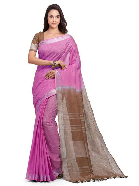Neon Pink & Brown women's Bhagalpuri Handloom Ethnic Wear Linen Two Dye Saree With Running Unstitched Blouse Piece