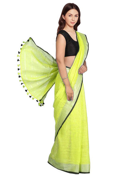 Lime Green women's Bhagalpuri Blend Linen Saree With Black Pipine Contrast Blouse Piece - View 2