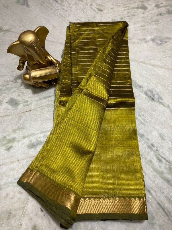 Bhagalpuri Handloom Cotton Silk Check Half Body Saree for women's (Olive_Green)
