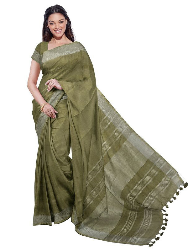 Cerulean Blue & Moss Green women's Bhagalpuri Handloom Cotton-Linen Blend Saree Combo (Pack Of 2) With Running Unstiched Blouse Piece - View 3