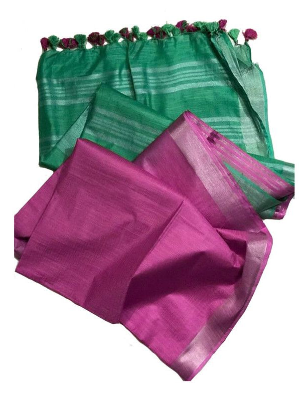 Mint Green & Ultra Pink Bhagalpuri women's Ethnic Wear Handloom Linen Cotton Blend Zari Border Two Dye Saree With Running Unstitched Blouse Piece - View 3