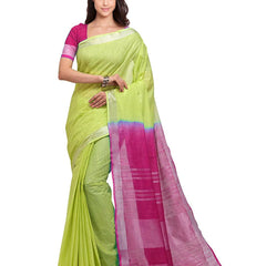 Chartreuse Green & Raspberry Pink women's Bhagalpuri Handloom Pure Cotton Two Dye Saree With Running Unstitched Blouse Piece