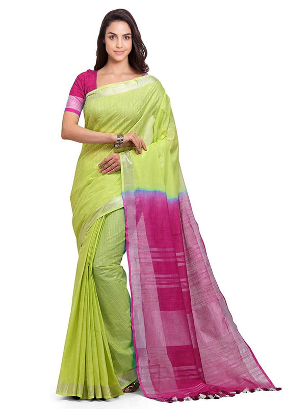 Chartreuse Green & Raspberry Pink women's Bhagalpuri Handloom Pure Cotton Two Dye Saree With Running Unstitched Blouse Piece