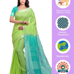 Green & Turquoise women's Bhagalpuri Handloom Pure Cotton Two Dye Saree With Running Unstitched Blouse Piece - View 3