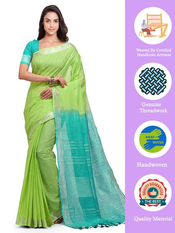 Green & Turquoise women's Bhagalpuri Handloom Pure Cotton Two Dye Saree With Running Unstitched Blouse Piece - View 3