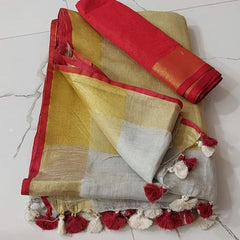 Handloom Bhagalpuri Linen Cotton Blend Contrast Border Saree for Women (12627 Gold-White-Red)