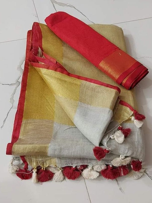 Handloom Bhagalpuri Linen Cotton Blend Contrast Border Saree for Women (12627 Gold-White-Red)