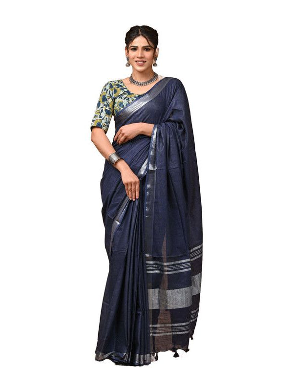 Linen Cotton Blend Handloom Bhagalpuri Saree with Zari Border (12787 Egyptian_Blue) - View 3