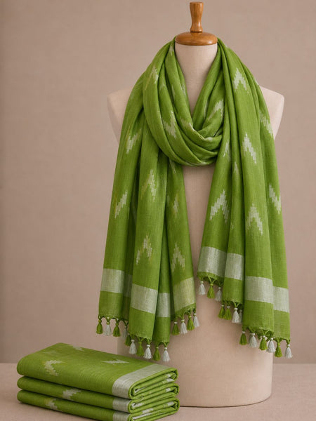 Linen Cotton Blend Zari Weaving Handloom Ikkat Dupatta (12023 Parrot_Green)