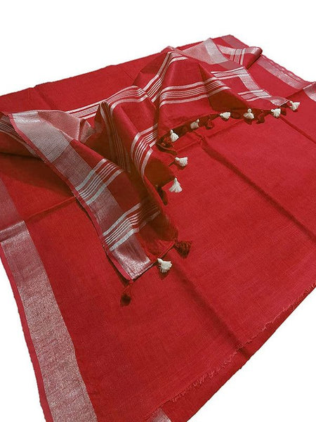 Crimson Red women's Bhagalpuri Linen Saree With Blouse Piece - View 3