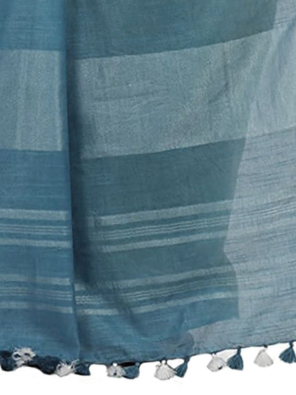 Tumbleweed Tan & Cerulean Blue women's Bhagalpuri Handloom Linen Slub Blend Two Dye Saree With Running Unstitched Blouse Piece - View 6