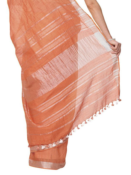 Carol Orange women's Handloom Bhagalpuri Cotton Linen Slub Blend Zari Border Saree Ethnic Wear With Running Unstitched Blouse Piece - View 2