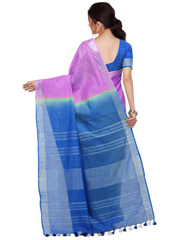 Heliotrope Pink & Azure Cyan women's Bhagalpuri Handloom Linen Cotton Blend Two Dye Saree With Running Unstitched Blouse Piece - View 3