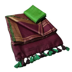 Handloom Bhagalpuri Linen Cotton Blend Contrast Border Saree for Women (12647 Wineberry_Brown-Dark_Green) - View 2