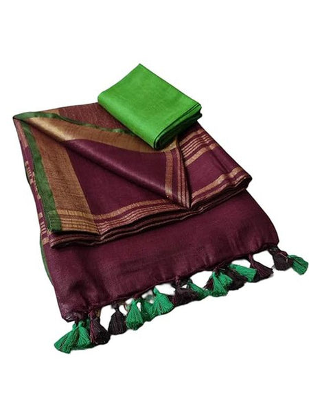 Handloom Bhagalpuri Linen Cotton Blend Contrast Border Saree for Women (12647 Wineberry_Brown-Dark_Green) - View 2