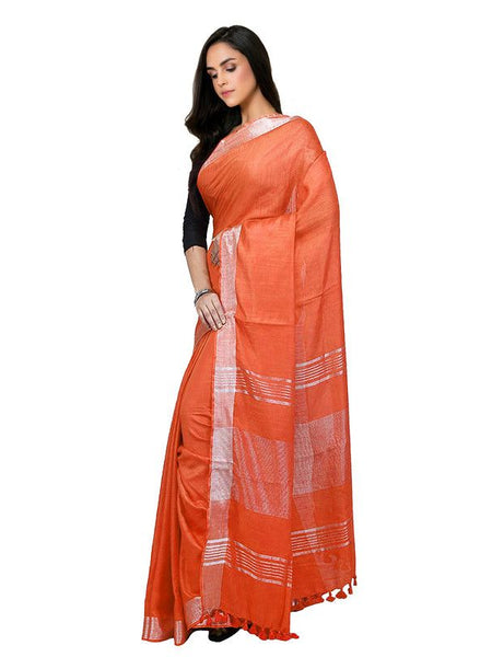 Orange Bhagalpuri women's Handloom Linen Cotton Ethnic Wear Saree With Running Unstitched Blouse Piece - View 4