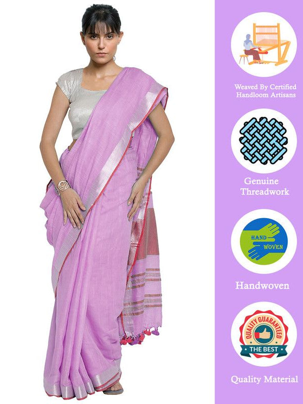 Lavender Pink-Pink women's Bhagalpuri Handloom Cotton Linen Blend Contrast Pallu Saree And Unstitched Contrast Blouse Piece - View 2