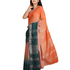 Mango Orange & Teal Green women's Bhagalpuri Handloom Linen Cotton Blend Two Dye Saree With Running Unstitched Blouse Piece - View 4