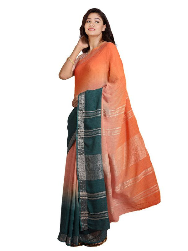 Mango Orange & Teal Green women's Bhagalpuri Handloom Linen Cotton Blend Two Dye Saree With Running Unstitched Blouse Piece - View 4