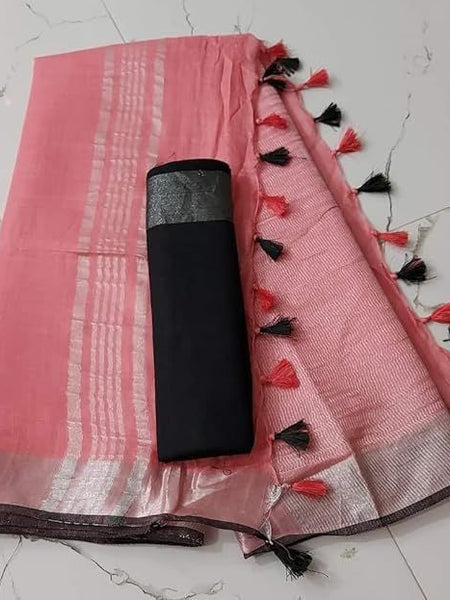 Handloom Bhagalpuri Linen Cotton Blend Contrast Border Saree for Women (12610 Blush_Pink-Black)