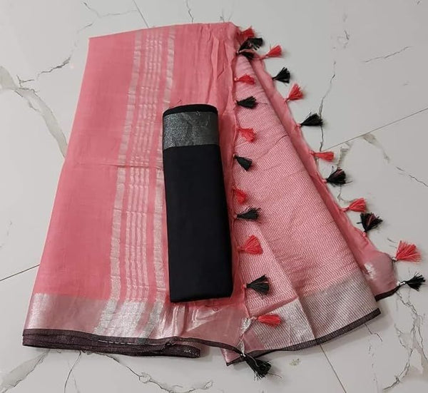 Handloom Bhagalpuri Linen Cotton Blend Contrast Border Saree for Women (12610 Blush_Pink-Black)