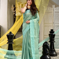 Handloom Cotton Tissue Silk Designer Weaving Motif Saree (Aquamarine_Turquoise)