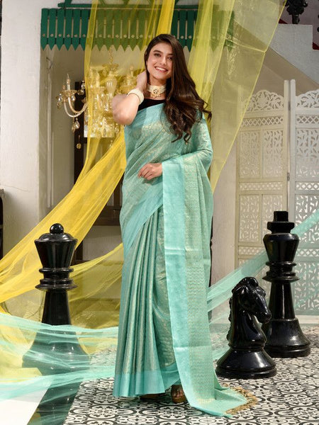 Handloom Cotton Tissue Silk Designer Weaving Motif Saree (Aquamarine_Turquoise)