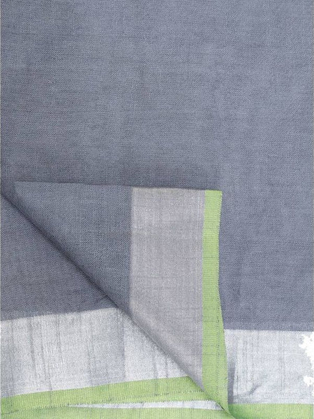 Linen Cotton Blend Contrast Handloom Bhagalpuri Saree (Grey-Parrot_Green) - View 4