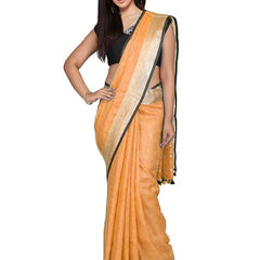 Carrot Orange women's Bhagalpuri Blend Linen Saree With Black Pipine Contrast Blouse Piece