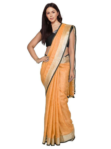 Carrot Orange women's Bhagalpuri Blend Linen Saree With Black Pipine Contrast Blouse Piece
