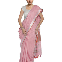 Orchid Pink-Red women's Bhagalpuri Handloom Cotton Linen Blend Contrast Pallu Saree And Unstitched Contrast Blouse Piece