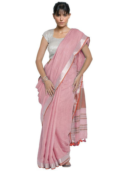 Orchid Pink-Red women's Bhagalpuri Handloom Cotton Linen Blend Contrast Pallu Saree And Unstitched Contrast Blouse Piece