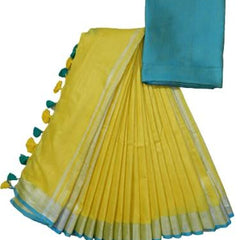 Yelllow-Cyan women's Handloom Bhagalpuri Cotton Linen Blend Saree Ethnic Wear With Contrast Unstitched Blouse Piece - View 2