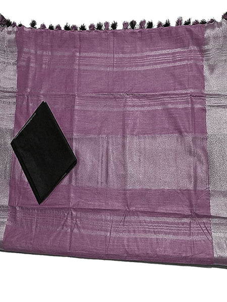 Mounatbatten Pink Bhagalpuri Handloom Linen Slub Blend Saree With Black Contrast Blouse Piece - View 4
