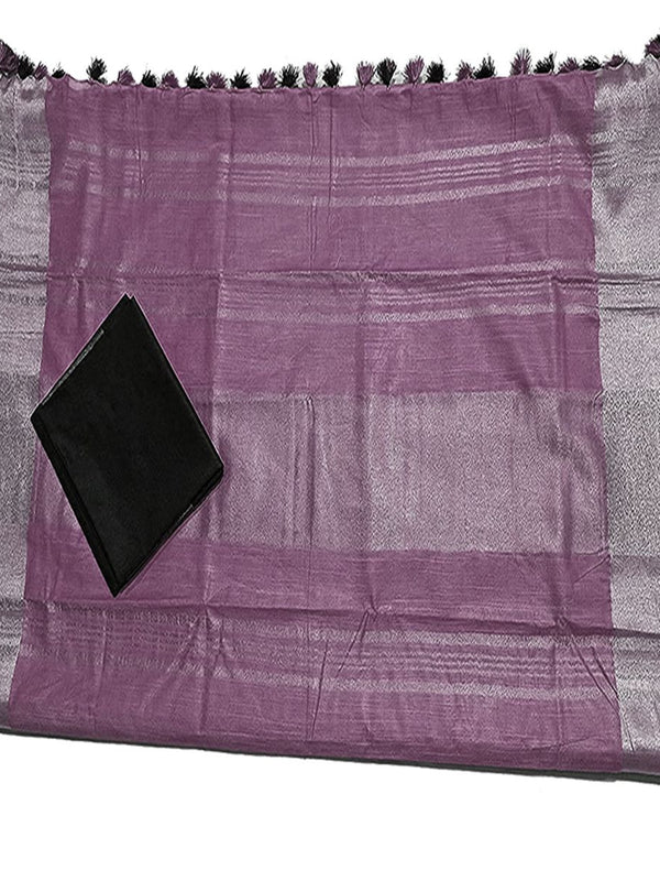 Mounatbatten Pink Bhagalpuri Handloom Linen Slub Blend Saree With Black Contrast Blouse Piece - View 4