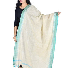 Linen Handloom Bhagalpuri Temple Dupatta with Color Border (Turquoise) - View 2