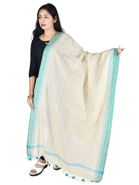 Linen Handloom Bhagalpuri Temple Dupatta with Color Border (Turquoise) - View 2