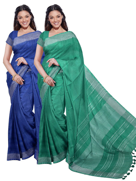 Cobalt Blue & Mint Green women's Bhagalpuri Handloom Cotton-Linen Blend Saree With Running Unstiched Blouse Piece