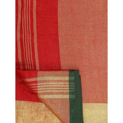 Linen Cotton Blend Contrast Handloom Bhagalpuri Saree (Gold-Red-Dark_Green ) - View 4