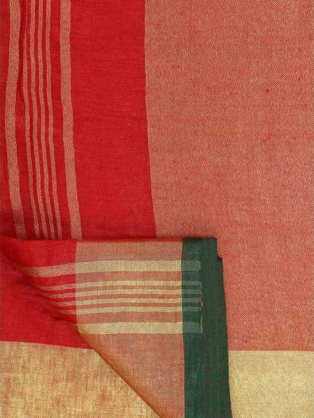 Linen Cotton Blend Contrast Handloom Bhagalpuri Saree (Gold-Red-Dark_Green ) - View 4