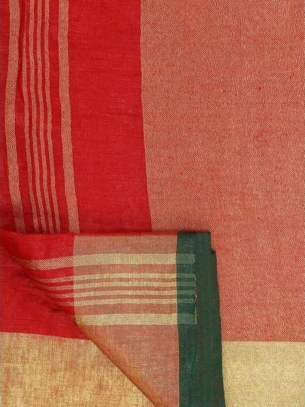 Linen Cotton Blend Contrast Handloom Bhagalpuri Saree (Gold-Red-Dark_Green ) - View 4