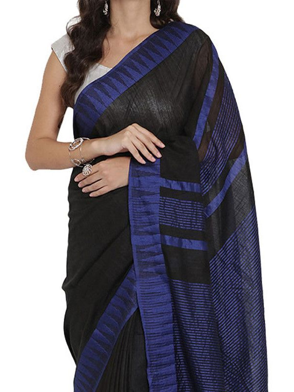 Black Bhagalpuri Handloom Kota Silk Temple Border Saree And Variation Of Colors With Striped Blouse Piece - View 4