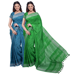 Cerulean Blue & Pigment Green women's Bhagalpuri Handloom Cotton-Linen Blend Saree Combo (Pack Of 2) With Running Unstiched Blouse Piece