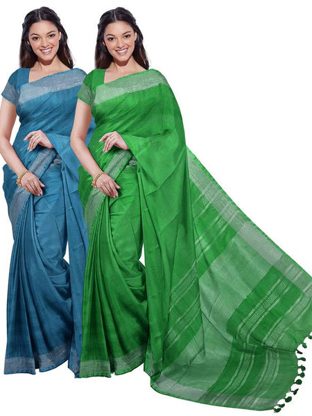Cerulean Blue & Pigment Green women's Bhagalpuri Handloom Cotton-Linen Blend Saree Combo (Pack Of 2) With Running Unstiched Blouse Piece