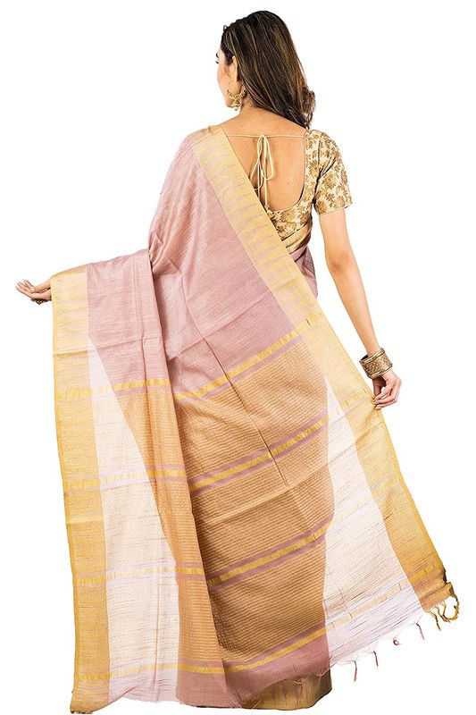 Rosy Brown women's Bhagalpuri Handloom Kota Silk Temple Border Saree And Variation Of Colors With Striped Blouse Piece - View 3